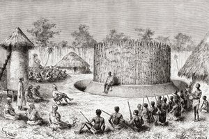 Recepción para el explorador Pietro Paolo Savorgnan di Brazza en el pueblo del jefe Mkewe, Tanzania, de 